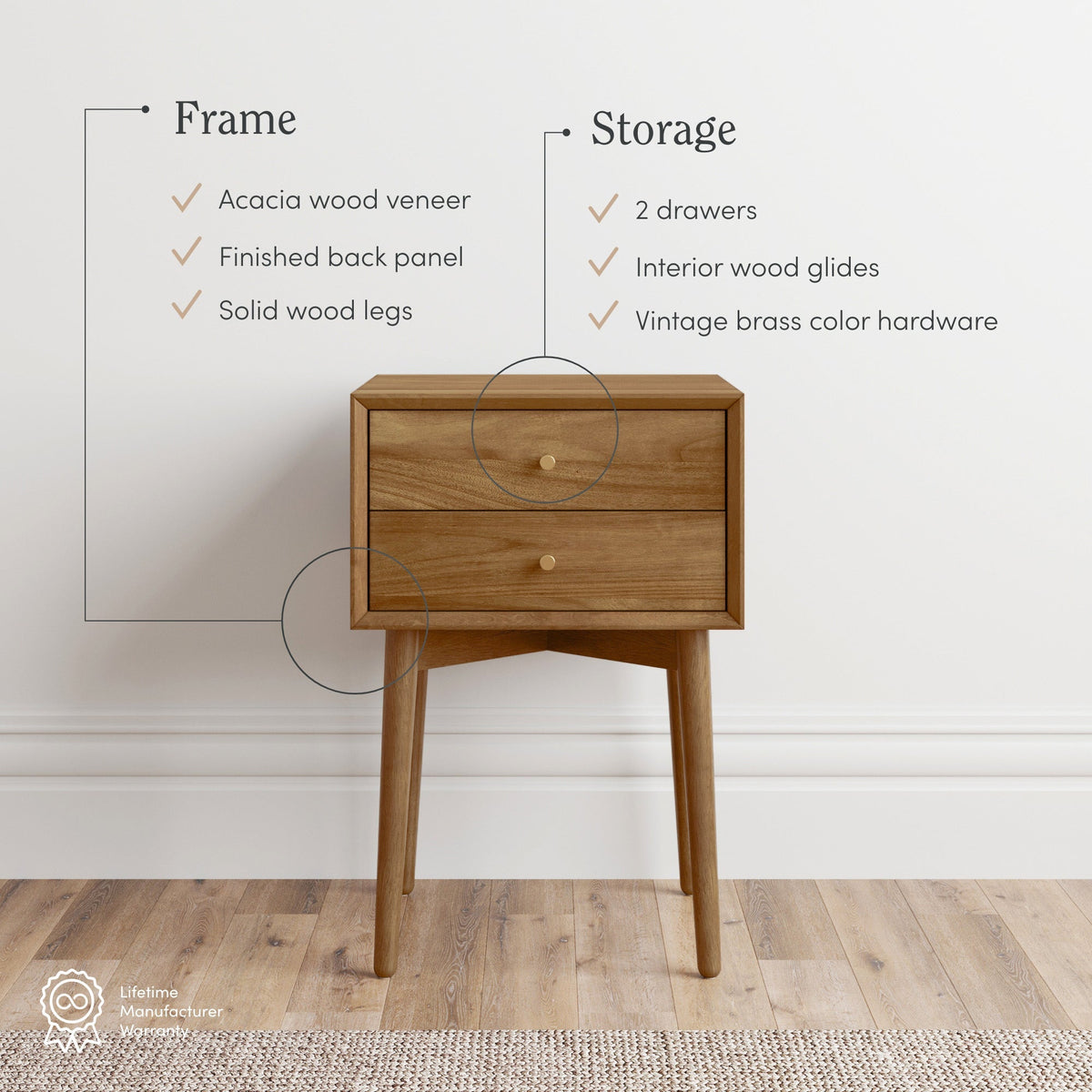 Nightstand, Wood Mid Century Nightstands Acacia (Set of 2), Solid Wood Construction for Bedrooms, Bedside Essentials and Everyday Storage image 5