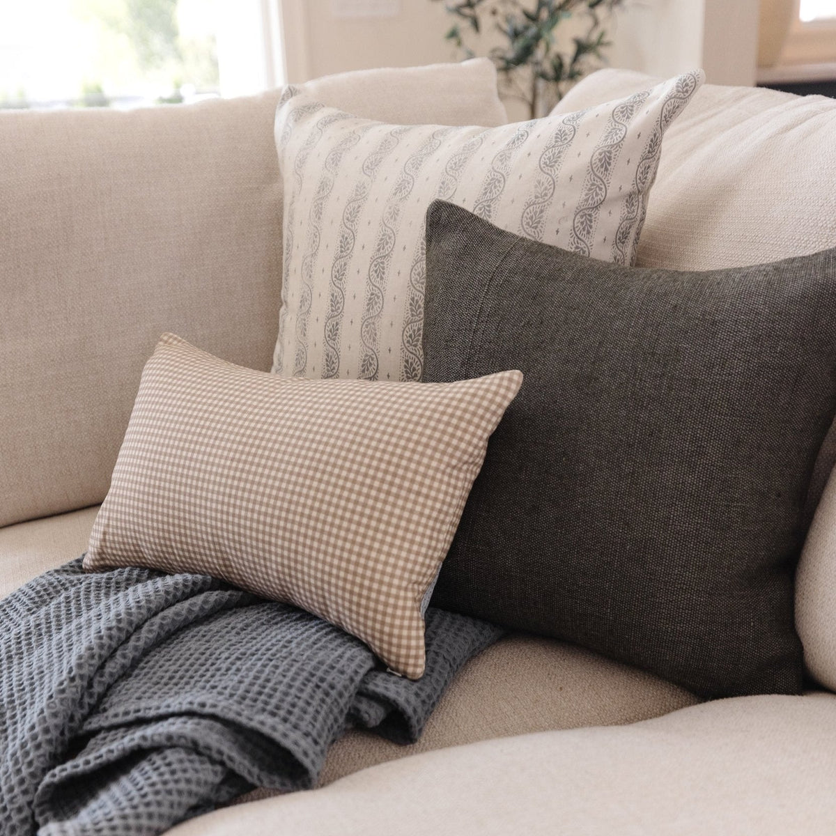 Decorative Pillow Cover Set, Mini Tan Gingham Lumbar 12x20" 12x40", Lightweight Design for Bedroom Styling and Living Room Decor image 5