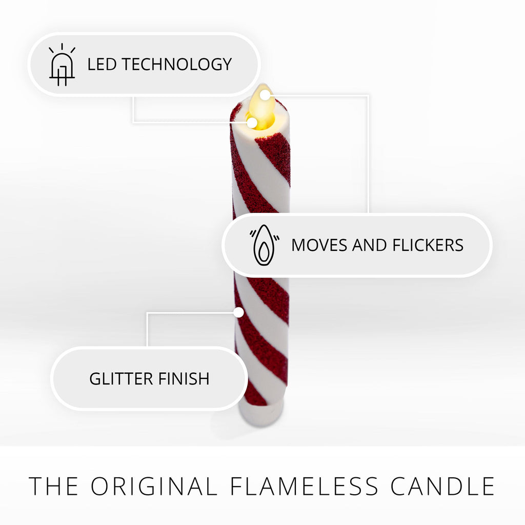 Flameless Candle, Red Candy Cane Glitter Stripe White Tapers Set for Mantels, Entryways and Holiday Displays image 5