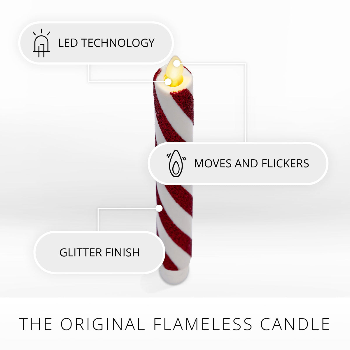 Flameless Candle, Red Candy Cane Glitter Stripe White Tapers Set for Mantels, Entryways and Holiday Displays image 5