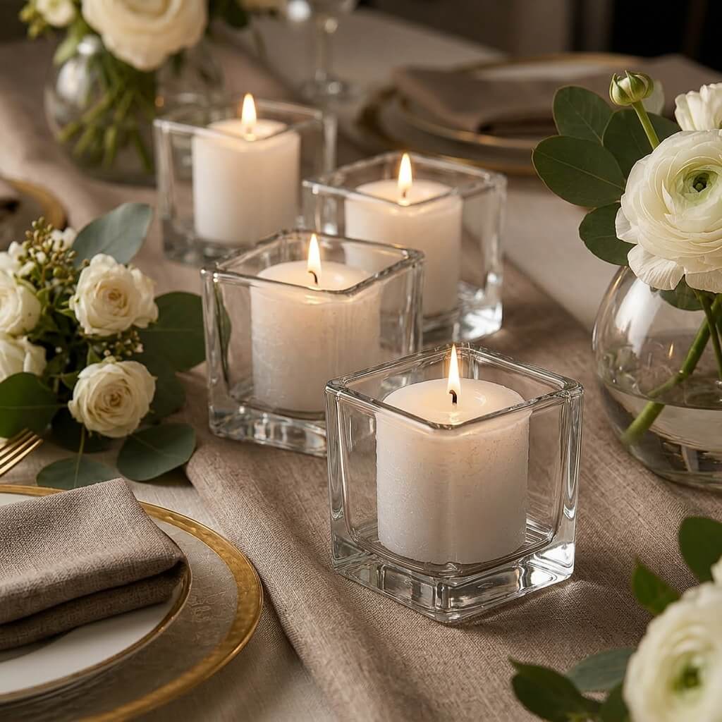 Votive Candle Holder Set, Square 12 Pack, Clear Glass Construction for Tabletop Candle Displays and Home Decorating image 5
