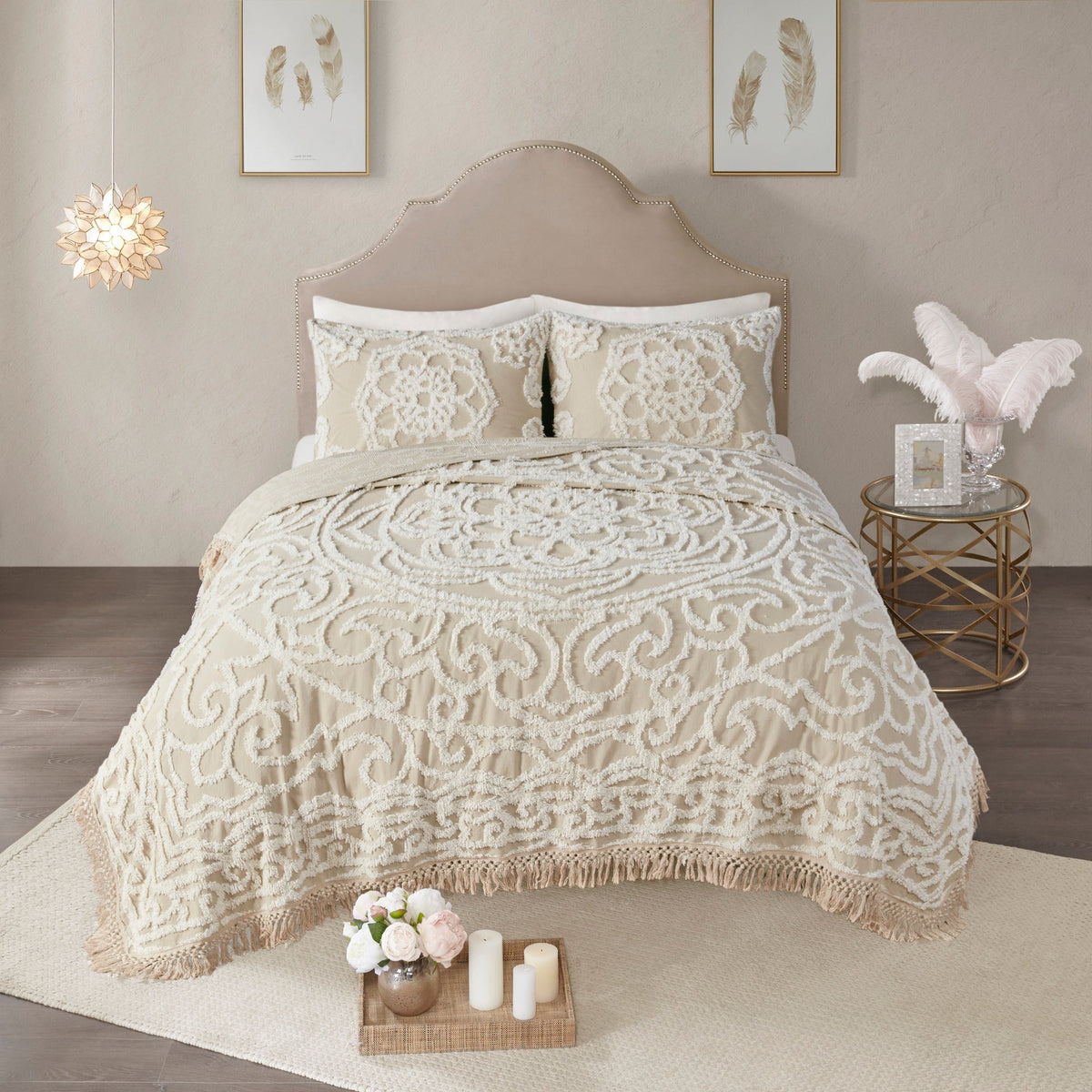 Bed Quilt, Laetitia Tufted Cotton Chenille Medallion, Machine-Washable Care for Bedroom Layering and Everyday Bedding, 3 Size Options image 5