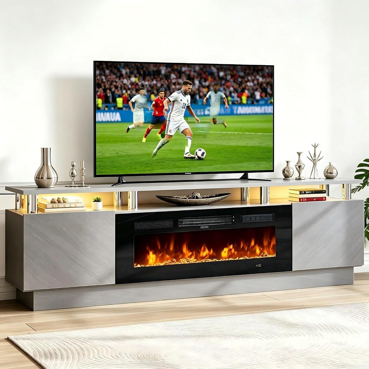 TV Stand, Electric Fireplace with Mirrored Doors, Stainless Steel Construction for Television Displays, Consoles and Organized Living Spaces image 5
