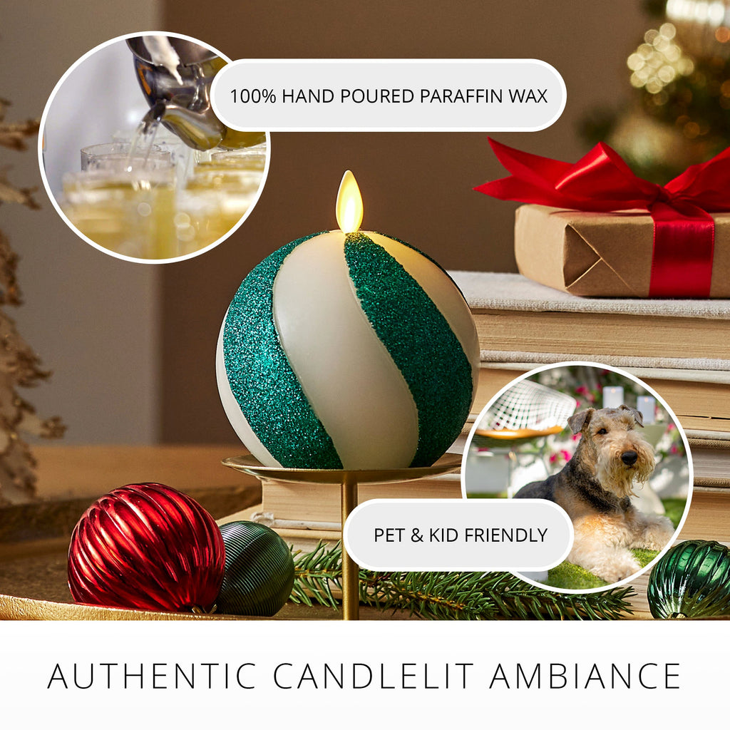 Flameless Candle, Green Candy Cane Glitter Stripe Sphere for Mantels, Entryways and Holiday Displays image 5