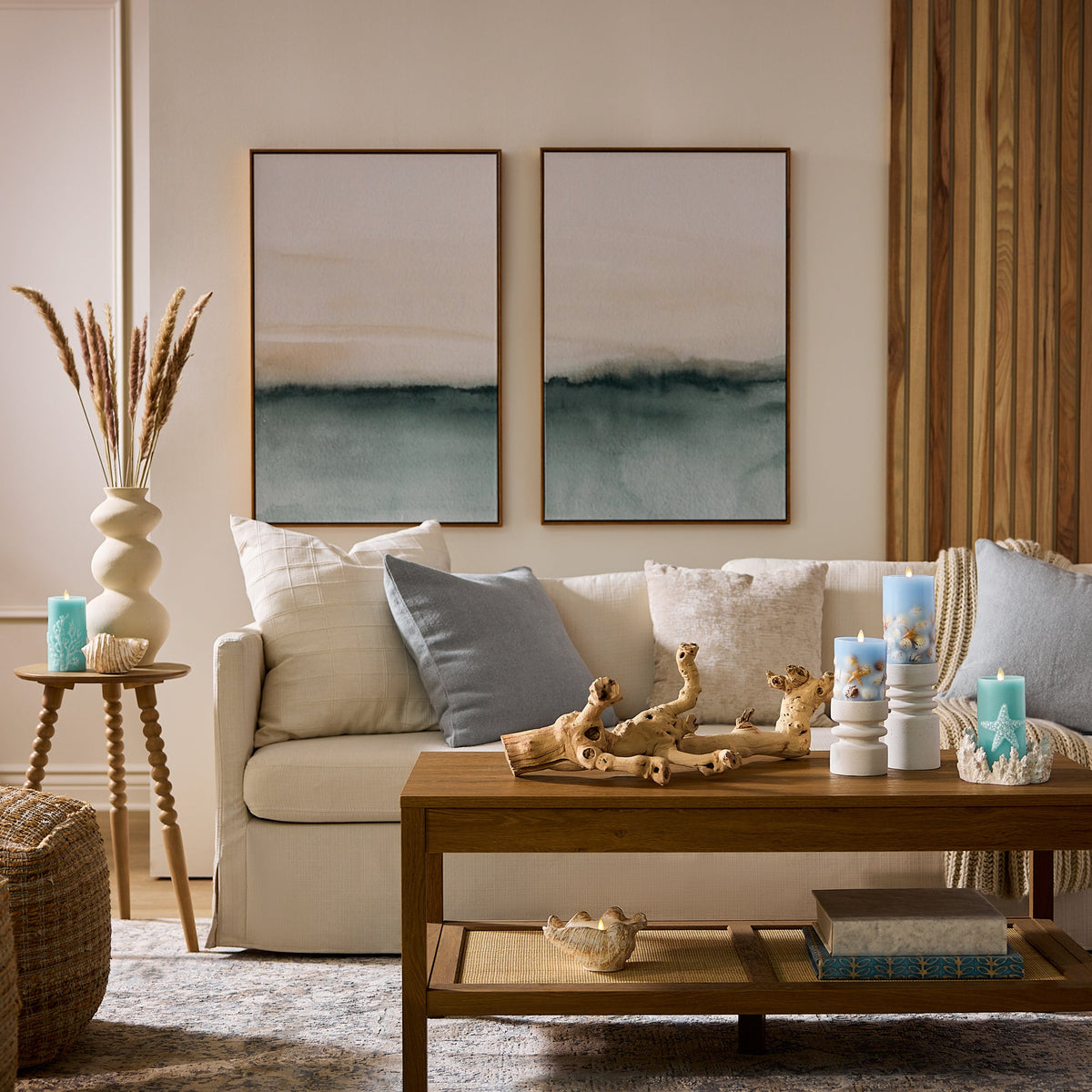 Flameless Candle, Soft Teal Embedded Seashell & Starfish Pillar for Bedrooms, Living Rooms and Everyday Candlelight Ambience, 2 Size Options image 5