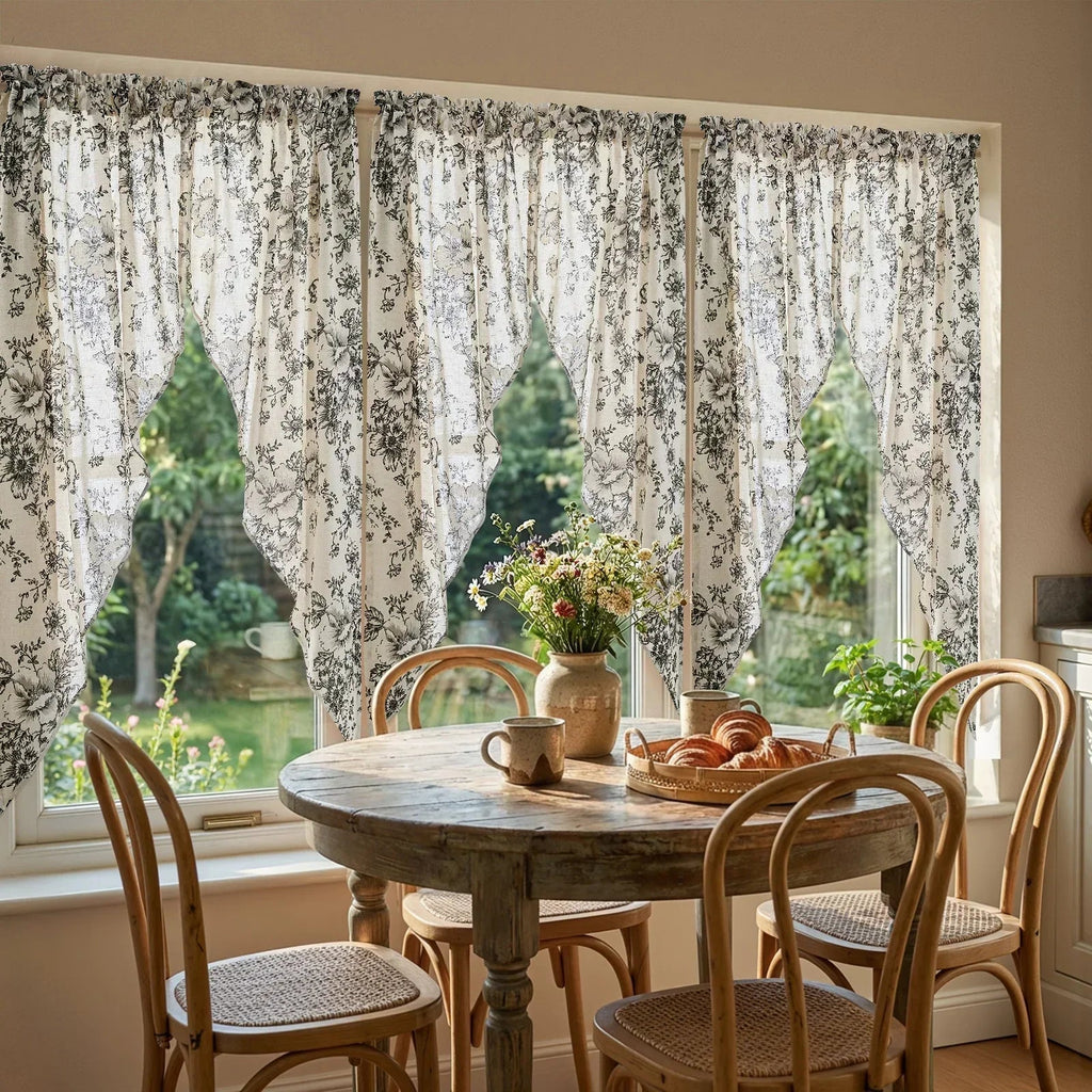 Window Curtain, Black Floral Swag Linen Kitchen Curtains (2 for Bedrooms, Living Rooms and Home Privacy, 3 Sizes and 3 Colors image 5