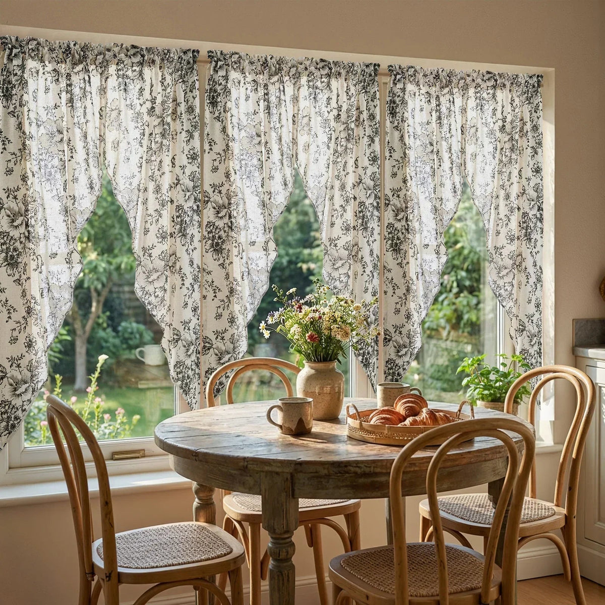 Window Curtain, Black Floral Swag Linen Kitchen Curtains (2 for Bedrooms, Living Rooms and Home Privacy, 3 Sizes and 3 Colors image 5