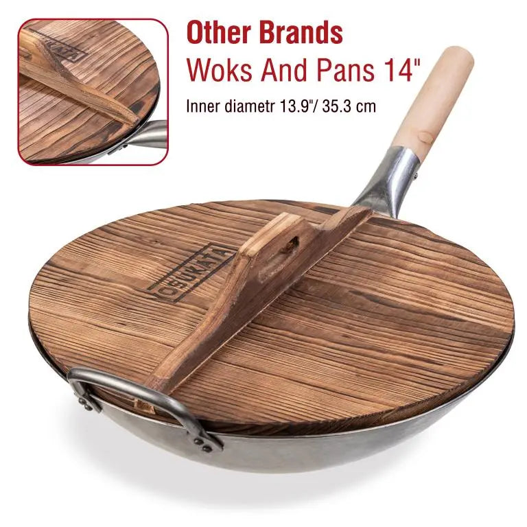 Stainless Steel Wok, 14" Carbonized Wooden Lid, Lightweight Design for Vegetables, Noodles and High-Heat Stovetop Cooking image 6