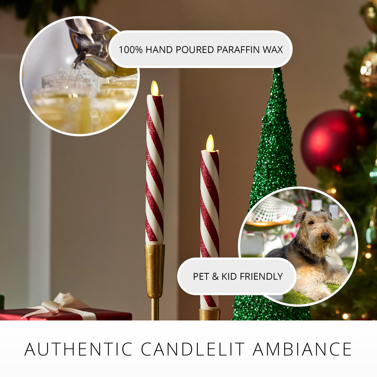 Flameless Candle, Red Candy Cane Glitter Stripe White Tapers Set for Mantels, Entryways and Holiday Displays image 6