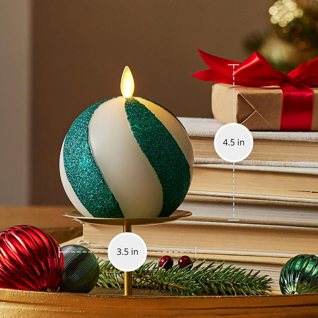 Flameless Candle, Green Candy Cane Glitter Stripe Sphere for Mantels, Entryways and Holiday Displays image 6