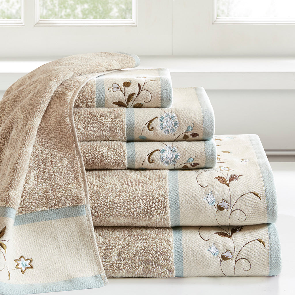 Bath Linen, Serene Embroidered Cotton Jacquard 6 Piece, Machine-Washable Care for Home Bathrooms and Everyday Care, 5 Color Options image 6