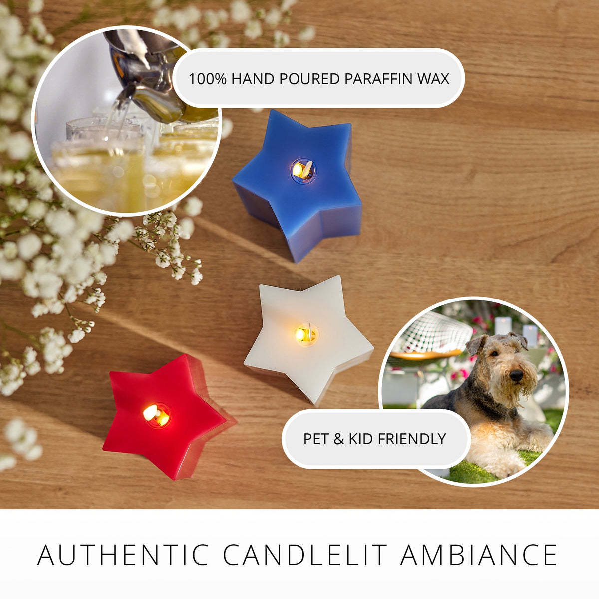 Flameless Candle, Set of 3 Red, White & Blue Star shaped Pillars for Mantels, Entryways and Holiday Displays image 6