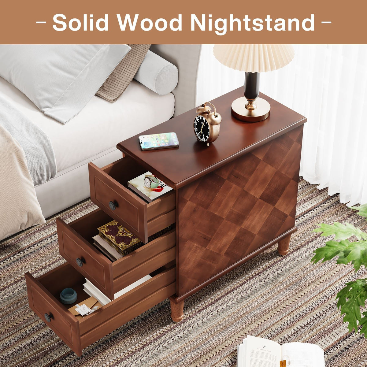 Nightstand, Fully Assembled Narrow Side Table with 3, Stain-Resistant Finish for Bedside Storage, Bedroom Organization and Guest Rooms image 6