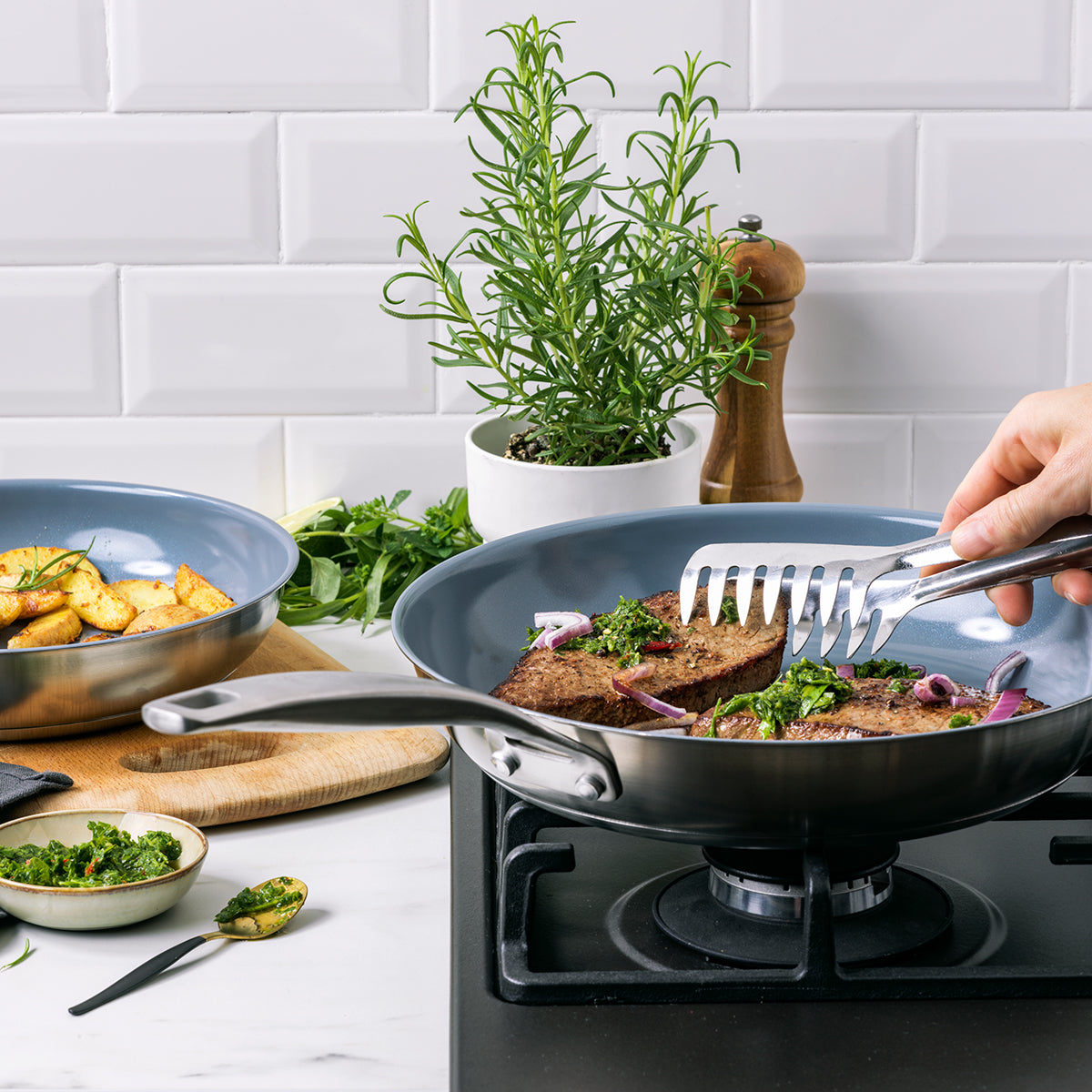 Kitchen Cookware, Ceramic Nonstick Stainless Steel 10 Piece Set, Dishwasher-Safe Care for Everyday Meals and Home Cooking image 6