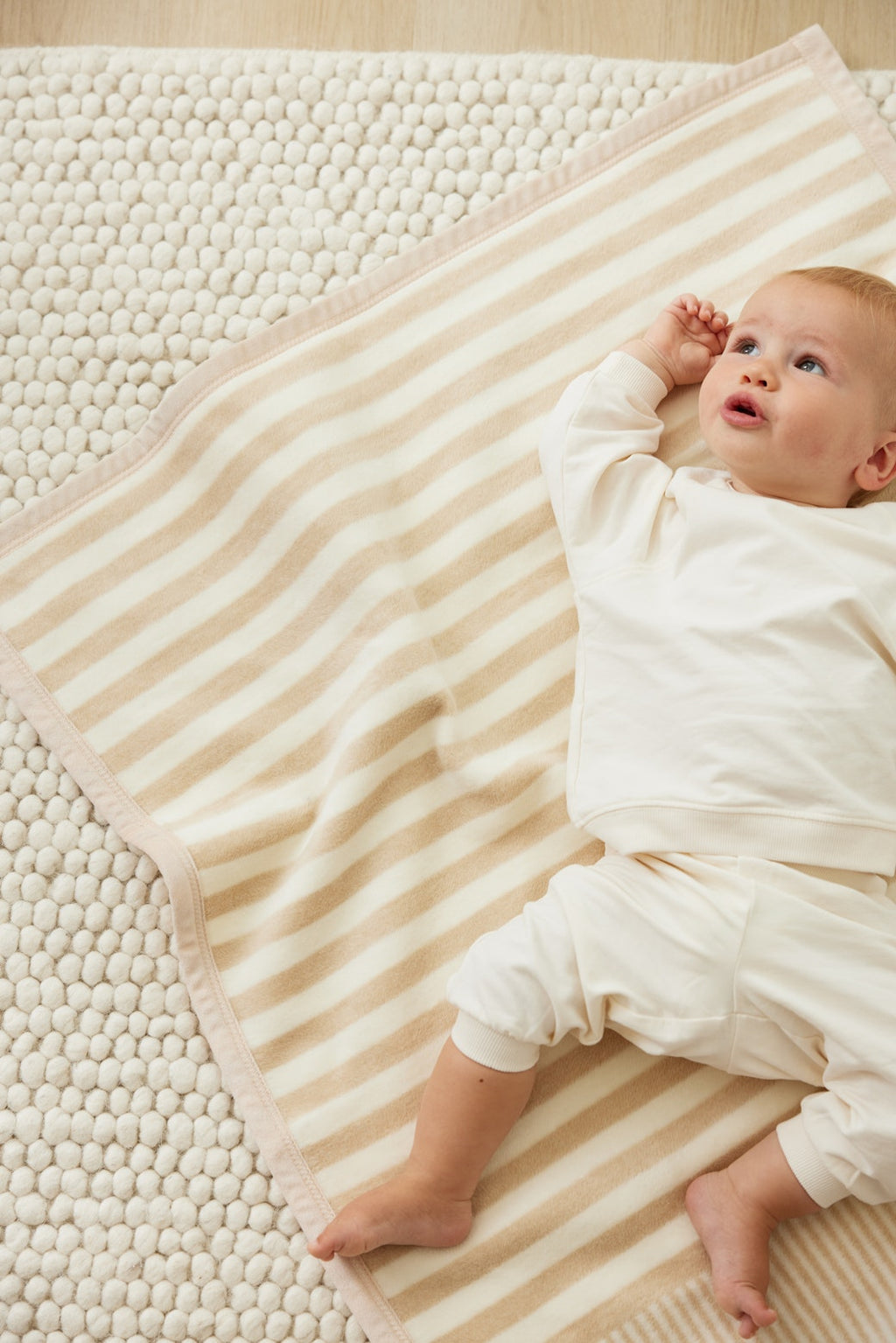 Mini Blanket, Sweet Pea Stripe Oak, Cotton Blend, Velvet Binding for Stroller Outings, Small-Space Layering and Home Comfort image 6