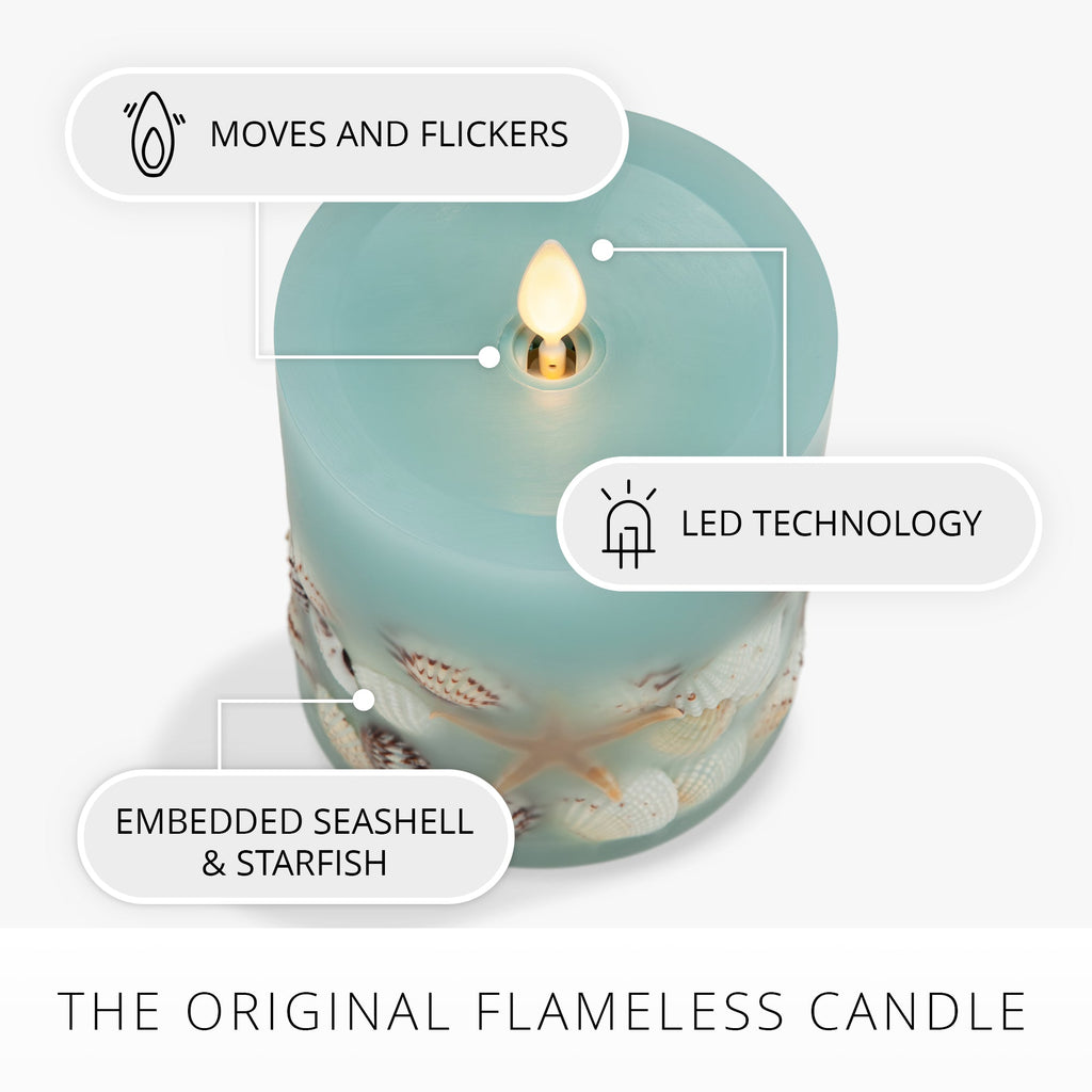 Flameless Candle, Soft Teal Embedded Seashell & Starfish Pillar for Bedrooms, Living Rooms and Everyday Candlelight Ambience, 2 Size Options image 7