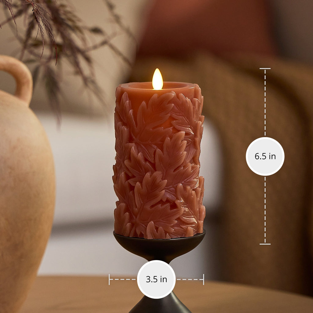 Flameless Candle, Caramel Café Embossed Leaves Pillars for Bedrooms, Living Rooms and Everyday Candlelight Ambience, 2 Size Options image 7