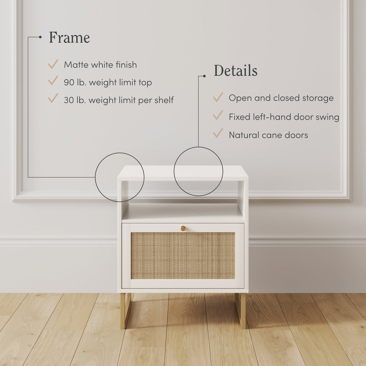 Nightstand, Rattan & Wood Storage White, Adjustable Design for Bedside Storage, Bedroom Organization and Guest Rooms image 7