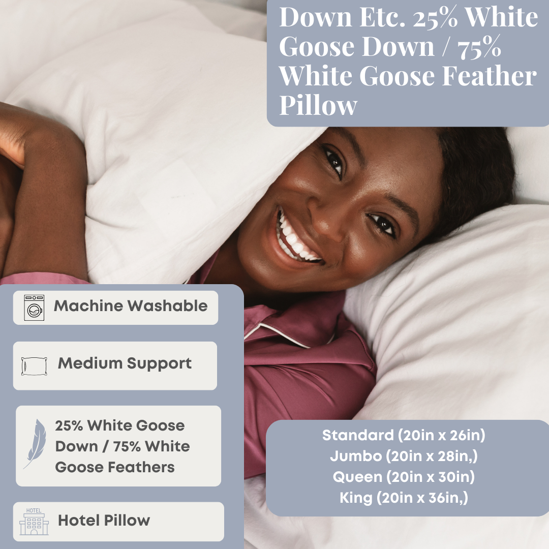 Bed Pillow, Etc. 25% White Goose 75% White Goose Feather, Hypoallergenic Comfort for Sleeping, Reading and Bedroom Comfort, 4 Size Options image 7