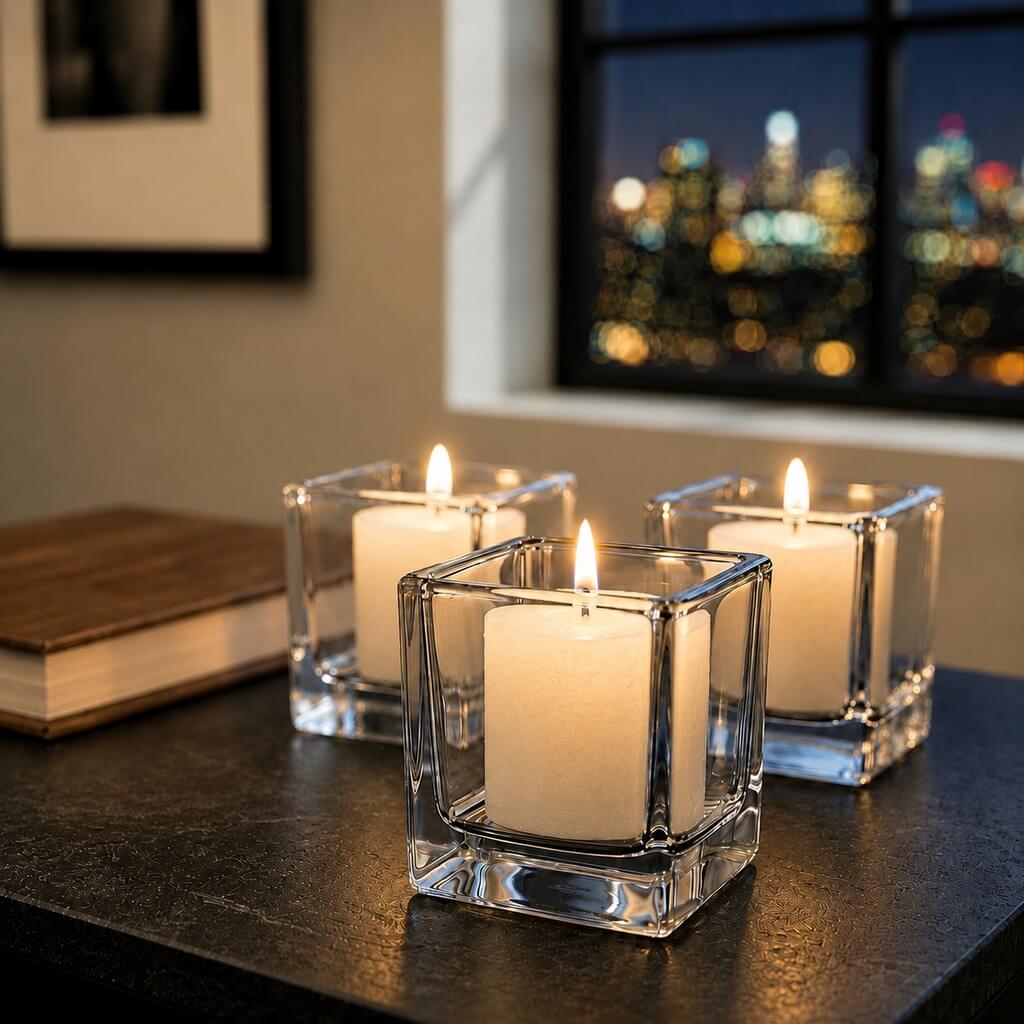 Votive Candle Holder Set, Square 12 Pack, Clear Glass Construction for Tabletop Candle Displays and Home Decorating image 7