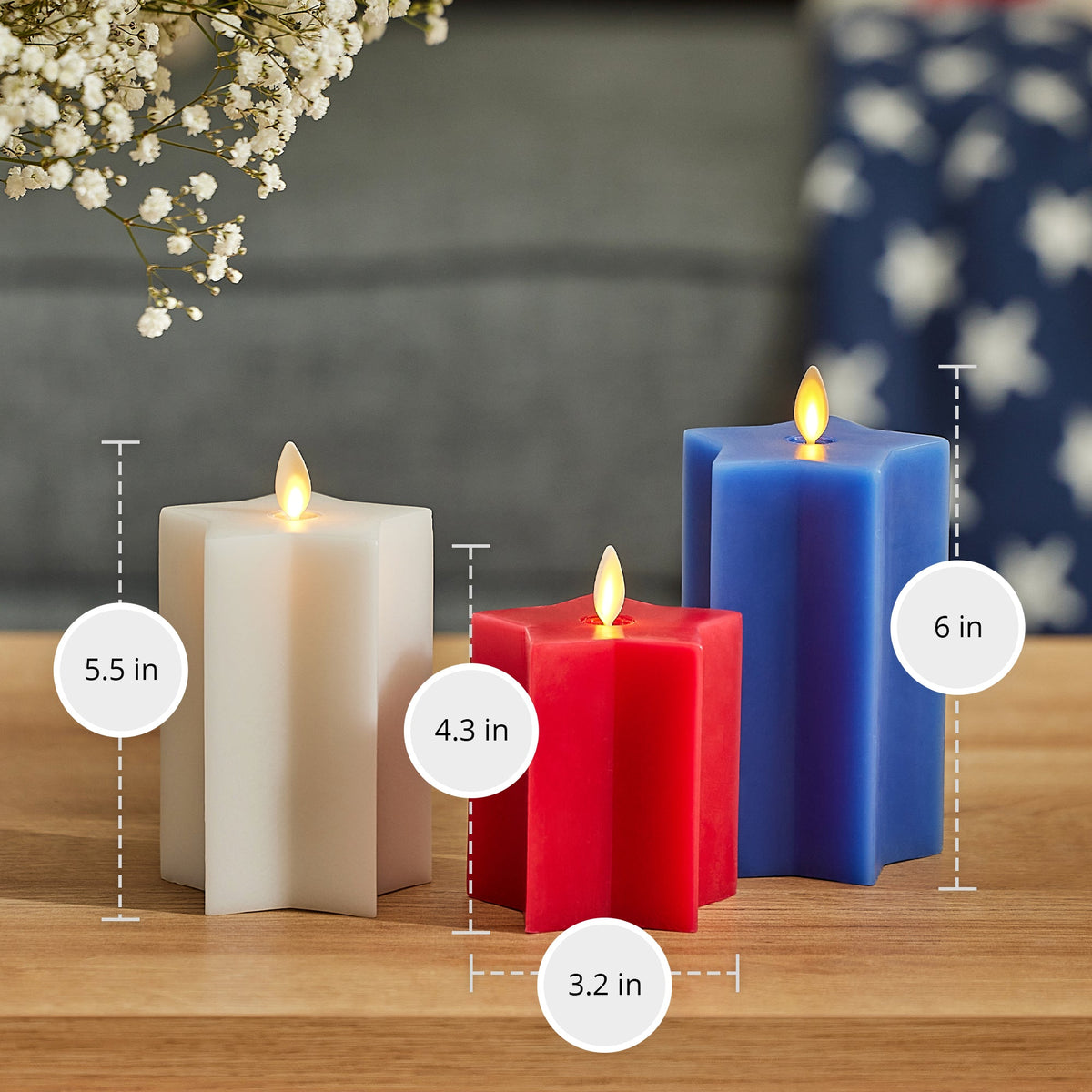 Flameless Candle, Set of 3 Red, White & Blue Star shaped Pillars for Mantels, Entryways and Holiday Displays image 7