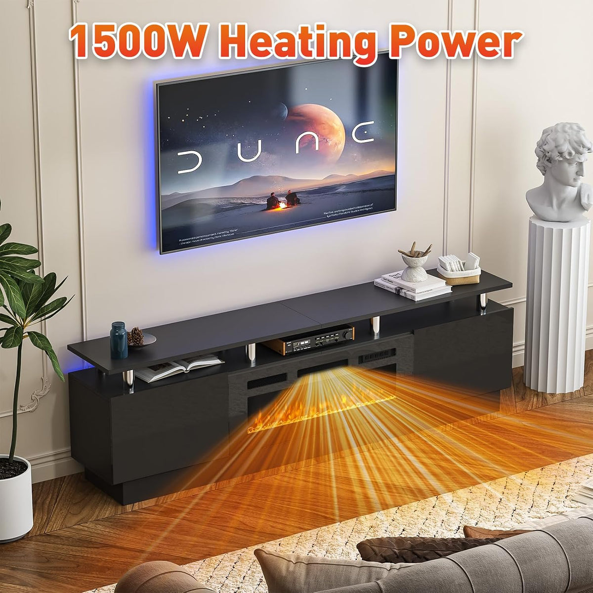 TV Stand, Electric Fireplace with Mirrored Doors, Stainless Steel Construction for Television Displays, Consoles and Organized Living Spaces image 8