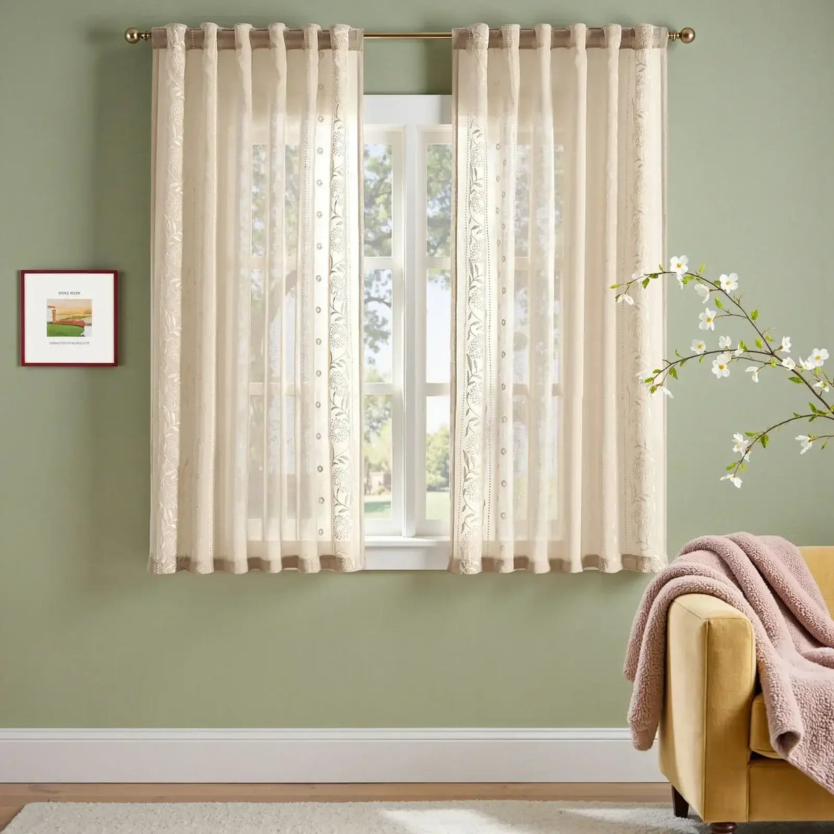 Window Curtain, Boho Sheer Bordered Floral Embroidered for Bedrooms, Living Rooms and Home Privacy, 3 Sizes and 4 Colors image 8