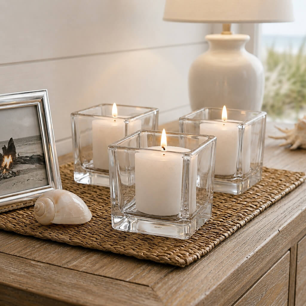 Votive Candle Holder Set, Square 12 Pack, Clear Glass Construction for Tabletop Candle Displays and Home Decorating image 8