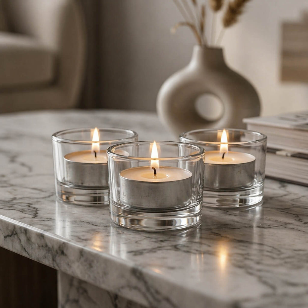 Tealight Candle Holder Set, 12 Pack, Clear Glass Construction, Round Shape for Tabletop Candle Displays and Home Decorating image 8