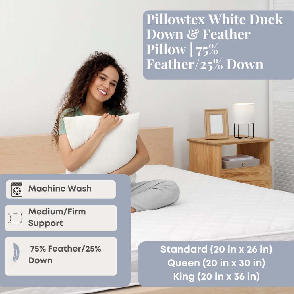 Bed Pillow, White Duck Down & Feather 75% Feather 25% Down, Machine-Washable Care for Sleeping, Reading and Bedroom Comfort, 3 Size Options image 8