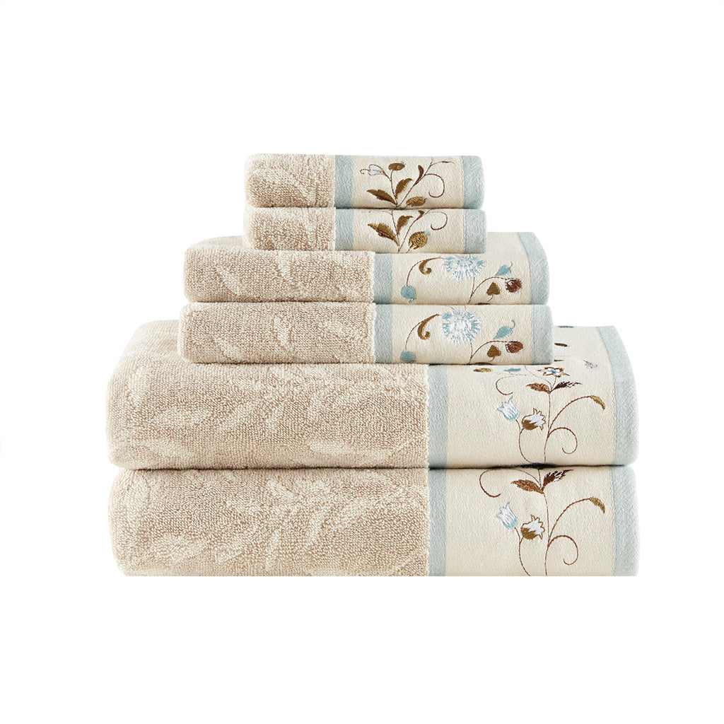 Bath Linen, Serene Embroidered Cotton Jacquard 6 Piece, Machine-Washable Care for Home Bathrooms and Everyday Care, 5 Color Options image 8