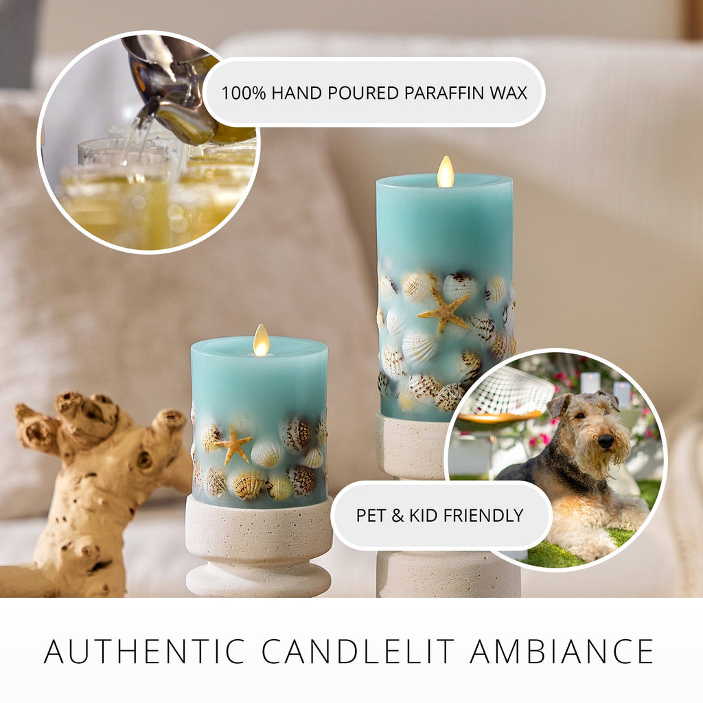 Flameless Candle, Soft Teal Embedded Seashell & Starfish Pillar for Bedrooms, Living Rooms and Everyday Candlelight Ambience, 2 Size Options image 8