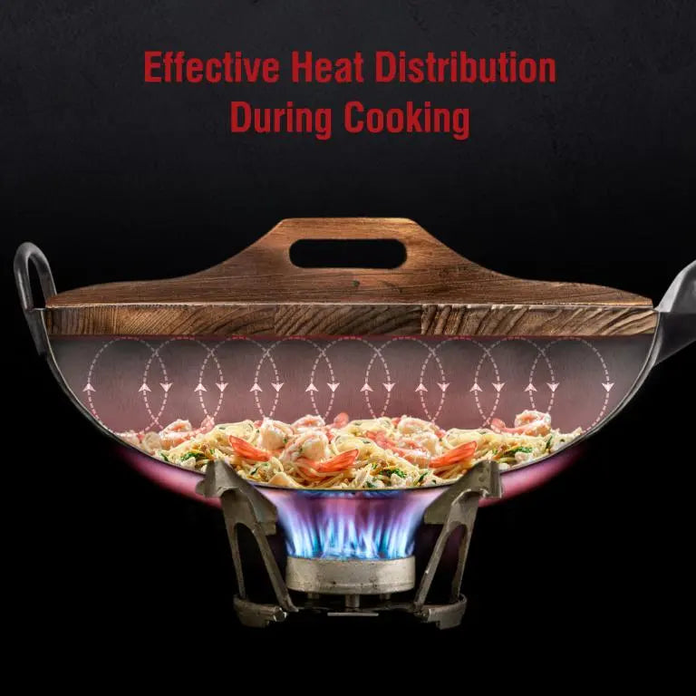 Stainless Steel Wok, 14" Carbonized Wooden Lid, Lightweight Design for Vegetables, Noodles and High-Heat Stovetop Cooking image 8