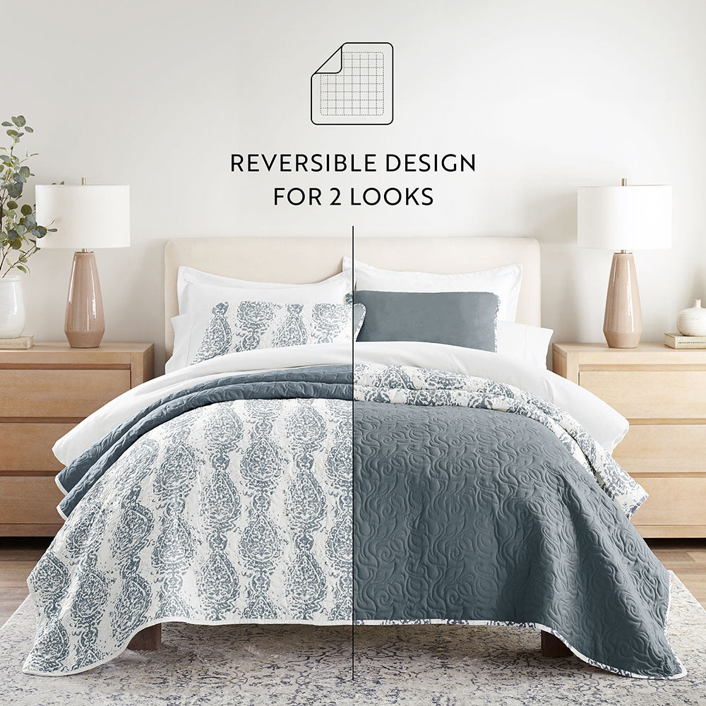 Quilted Coverlet Set, Distressed Damask Reversible for Guest Bedrooms, Layered Beds and Everyday Bedding, 3 Sizes and 2 Colors image 9