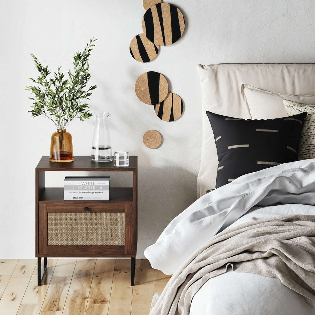 Nightstand, Rattan & Wood Storage Nightstands Walnut Set for Bedside Storage, Bedroom Organization and Guest Rooms image 9