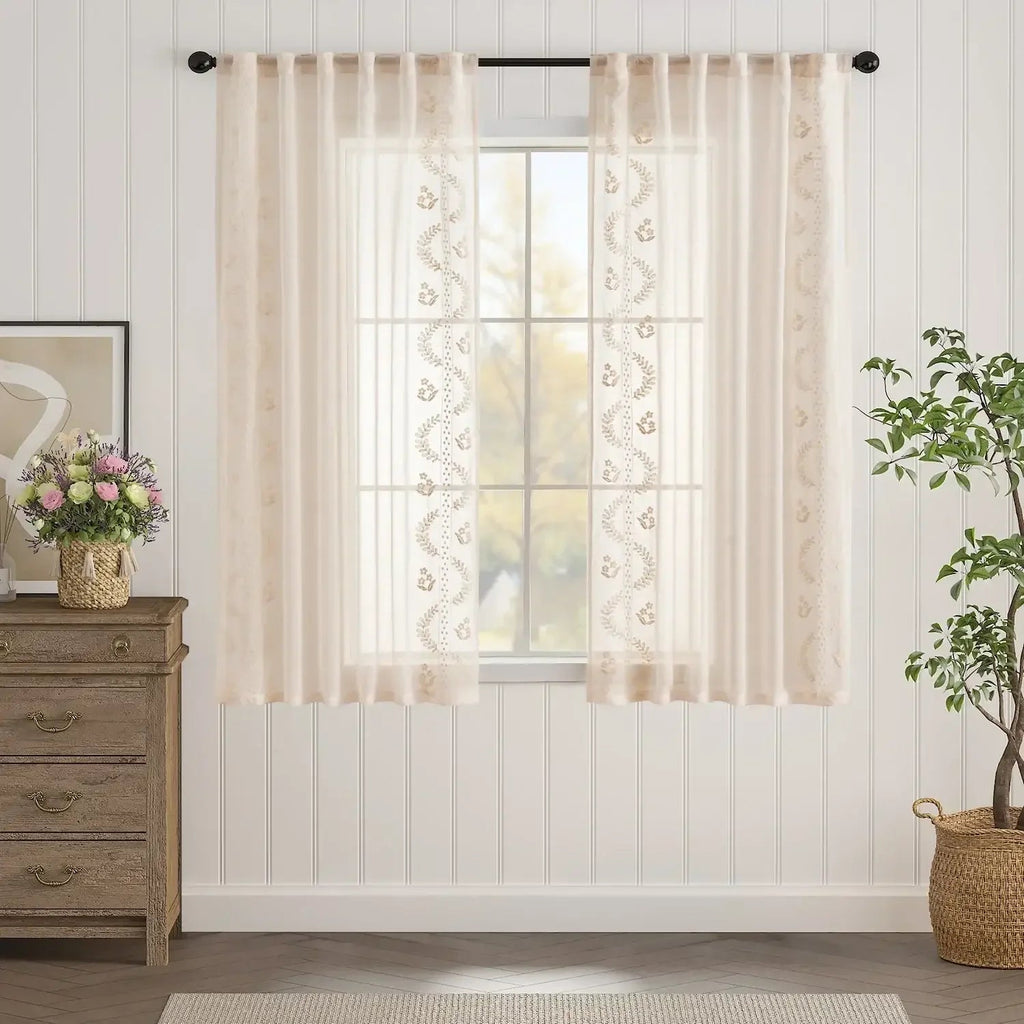 Window Curtain, Embroidered Floral Sheer Curtains (2 Panels) for Windows, Room Styling and Everyday Privacy, 3 Sizes and 3 Colors image 9