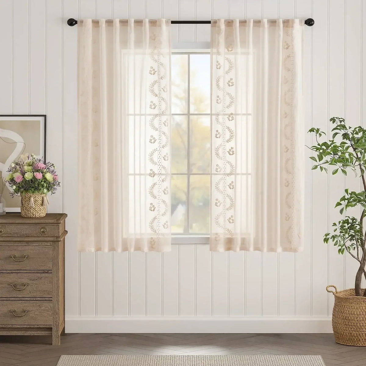 Window Curtain, Embroidered Floral Sheer Curtains (2 Panels) for Windows, Room Styling and Everyday Privacy, 3 Sizes and 3 Colors image 9