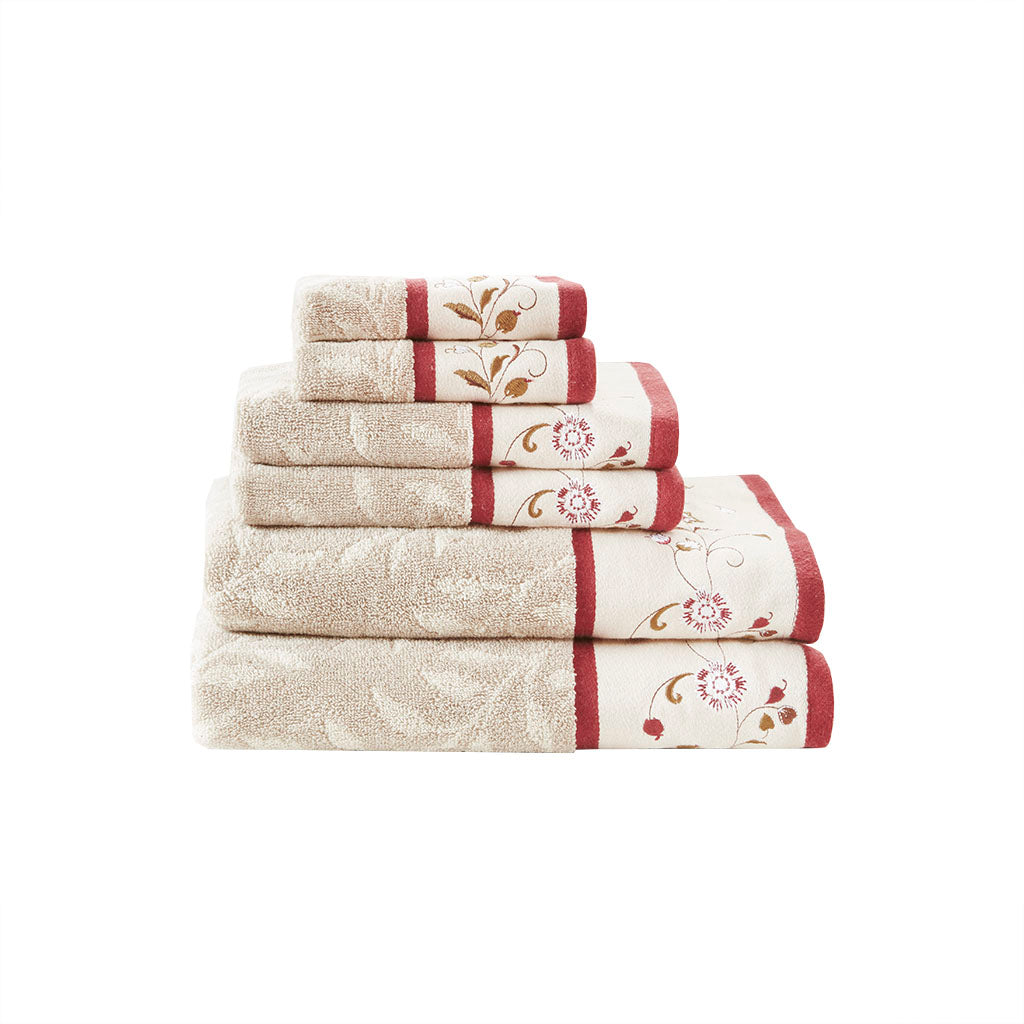 Bath Linen, Serene Embroidered Cotton Jacquard 6 Piece, Machine-Washable Care for Home Bathrooms and Everyday Care, 5 Color Options image 9