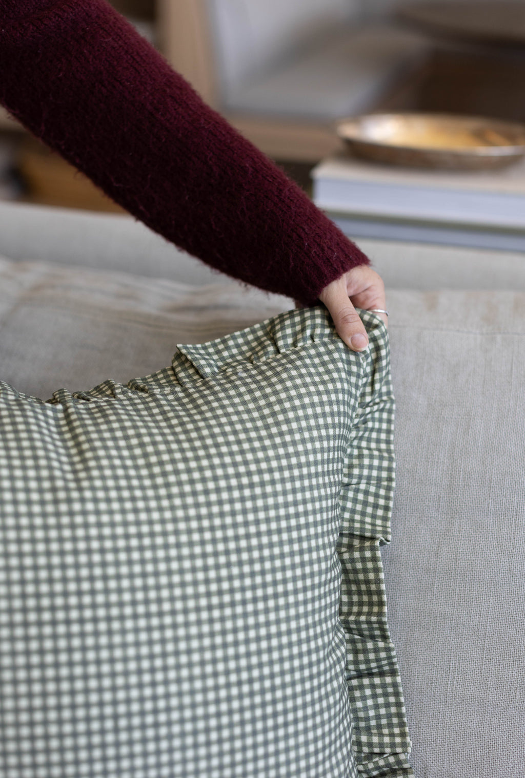 Decorative Pillow Cover Set, Green Mini Gingham Ruffle 18" 22" 26", Machine-Washable Care for Bedroom Styling and Living Room Decor image 9