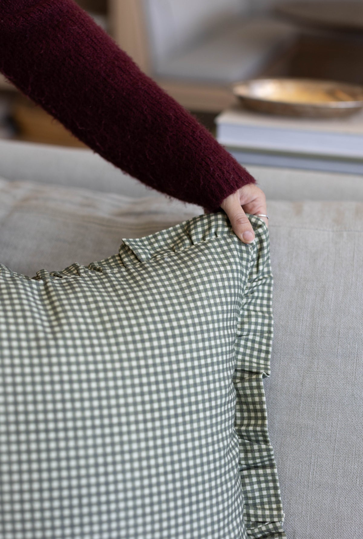 Decorative Pillow Cover Set, Green Mini Gingham Ruffle 18" 22" 26", Machine-Washable Care for Bedroom Styling and Living Room Decor image 9