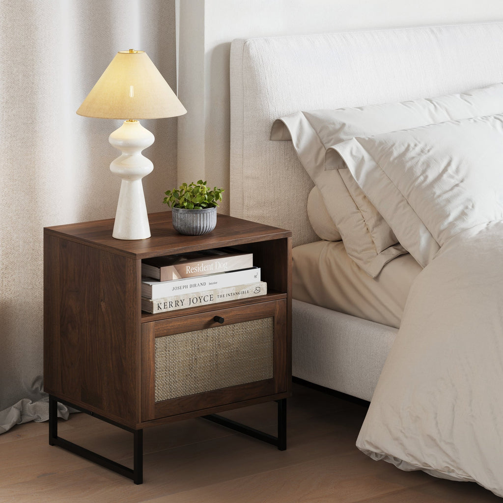 Nightstand, Rattan & Wood Storage Nightstands Walnut Set for Bedside Storage, Bedroom Organization and Guest Rooms image 10