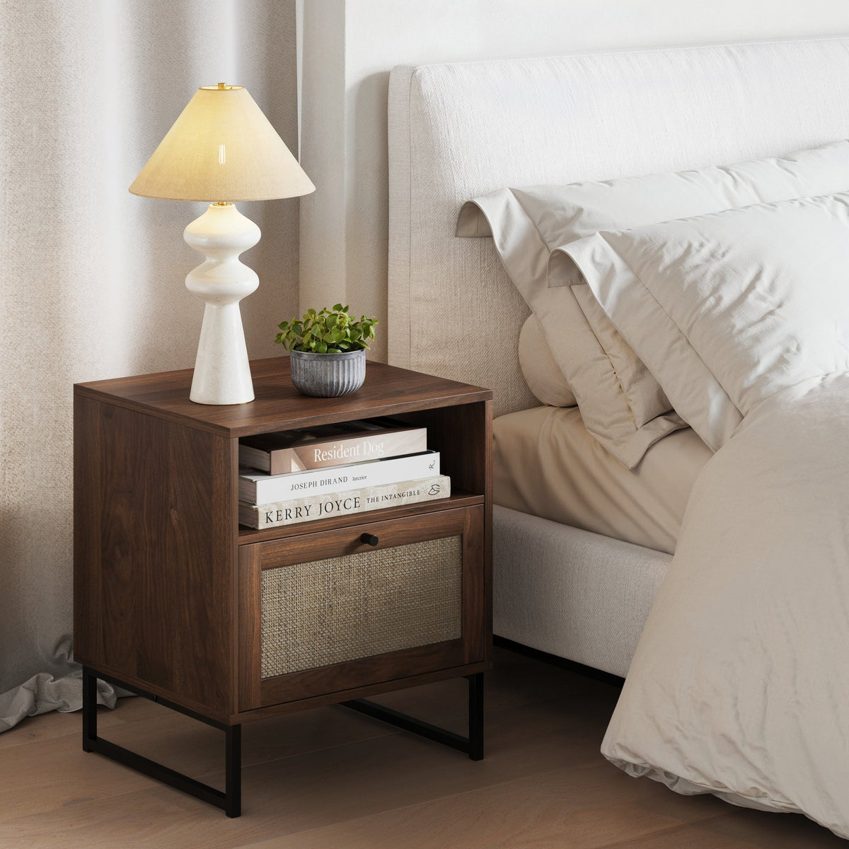 Nightstand, Rattan & Wood Storage Nightstands Walnut Set for Bedside Storage, Bedroom Organization and Guest Rooms image 10