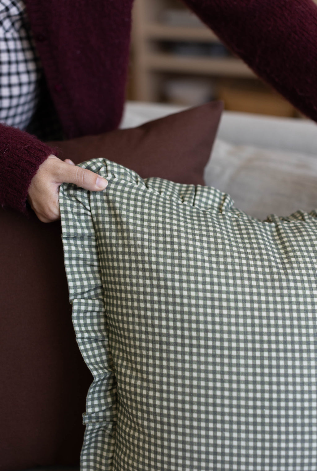 Decorative Pillow Cover Set, Green Mini Gingham Ruffle 18" 22" 26", Machine-Washable Care for Bedroom Styling and Living Room Decor image 10