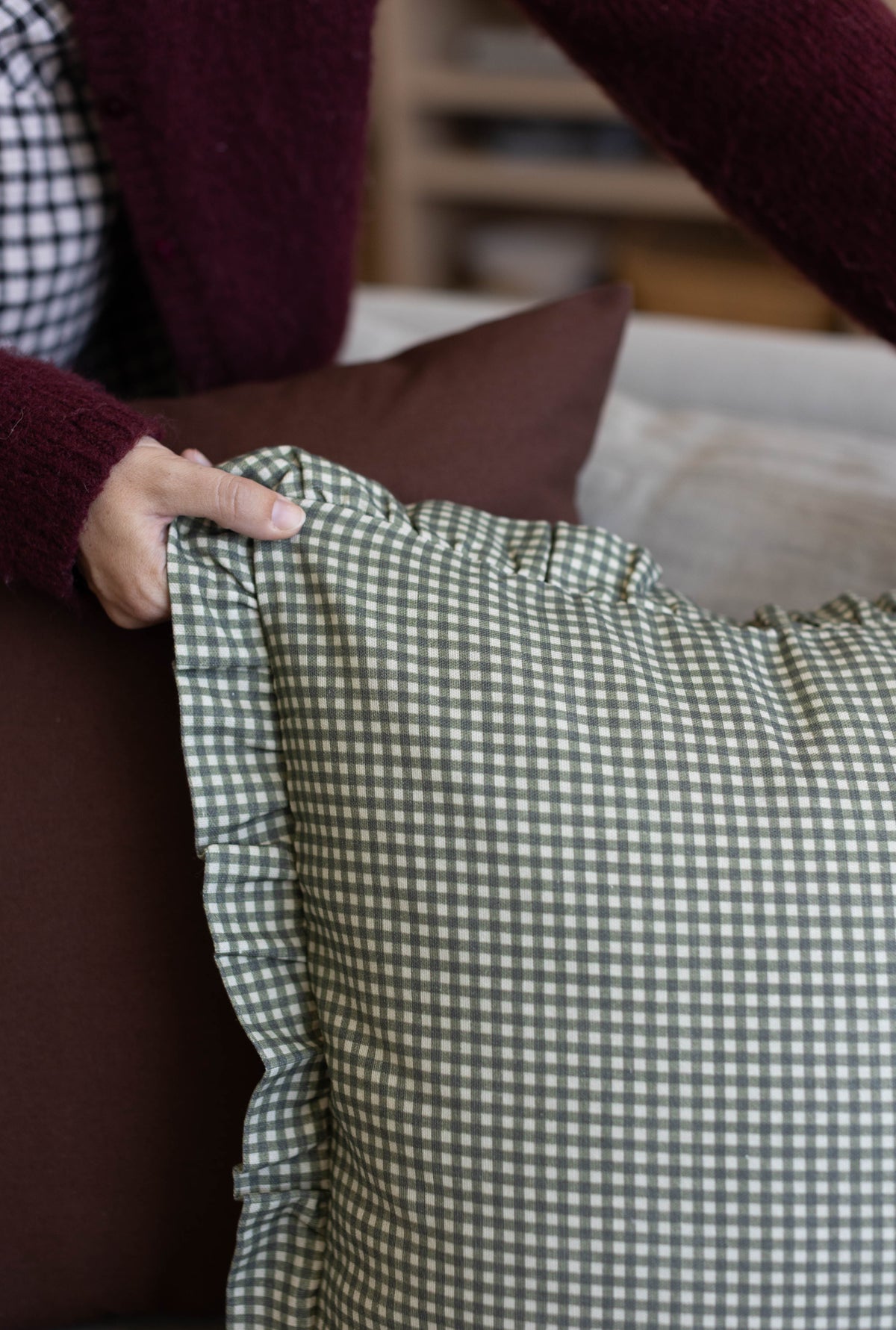 Decorative Pillow Cover Set, Green Mini Gingham Ruffle 18" 22" 26", Machine-Washable Care for Bedroom Styling and Living Room Decor image 10