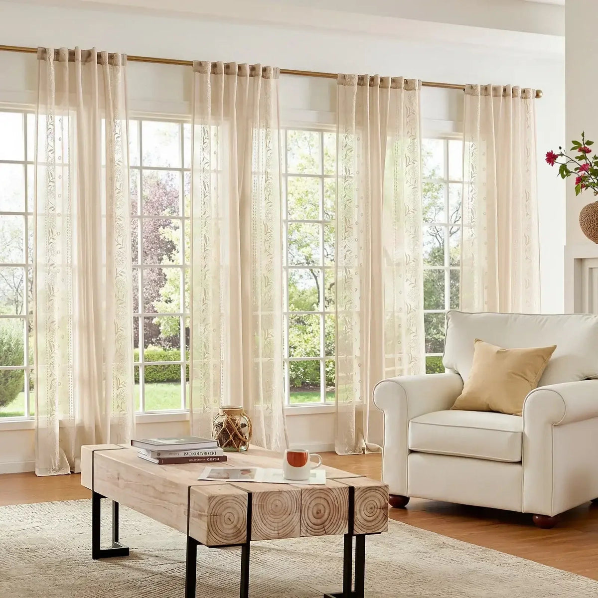 Window Curtain, Boho Sheer Bordered Floral Embroidered for Bedrooms, Living Rooms and Home Privacy, 3 Sizes and 4 Colors image 10