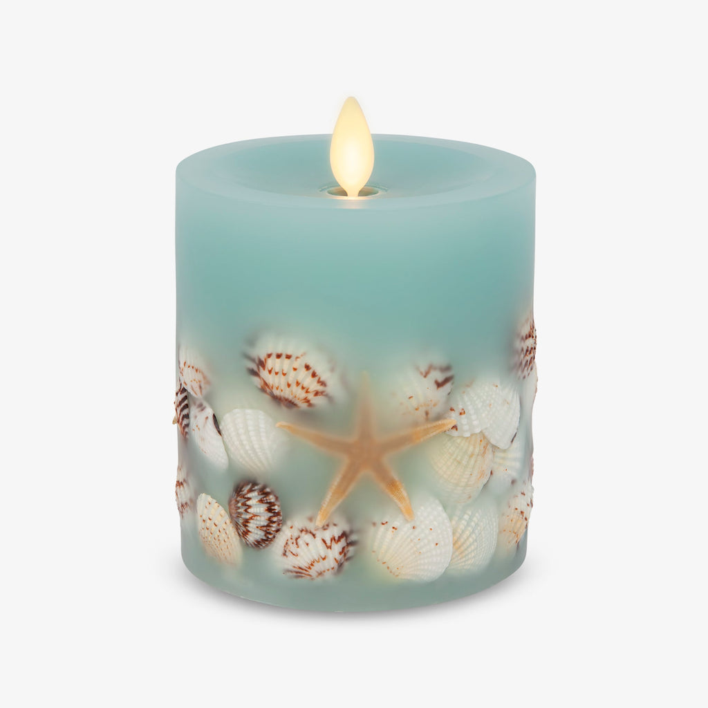 Flameless Candle, Soft Teal Embedded Seashell & Starfish Pillar for Bedrooms, Living Rooms and Everyday Candlelight Ambience, 2 Size Options image 10