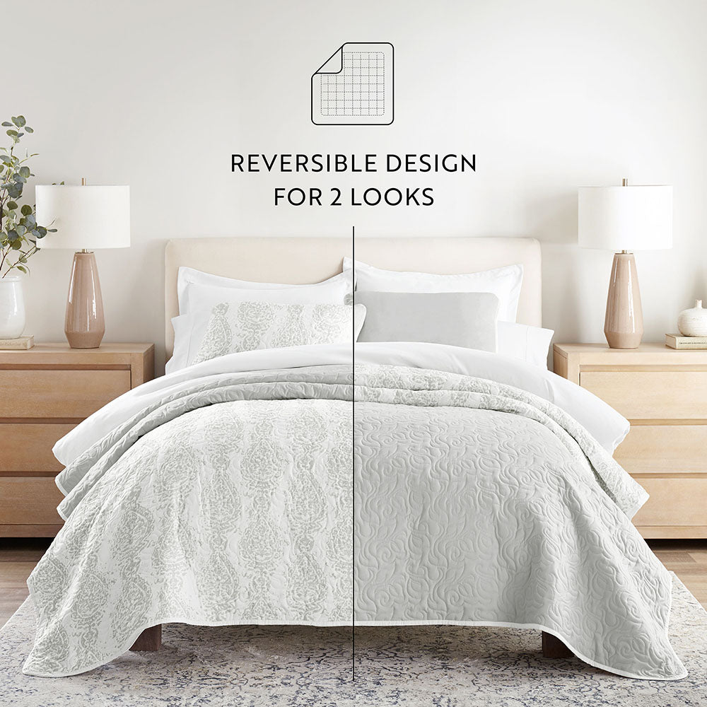 Quilted Coverlet Set, Distressed Damask Reversible for Guest Bedrooms, Layered Beds and Everyday Bedding, 3 Sizes and 2 Colors image 10