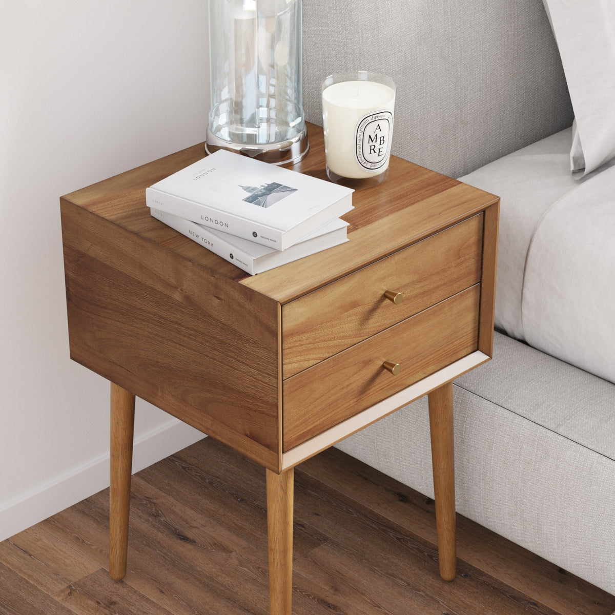 Nightstand, Wood Mid Century Nightstands Acacia (Set of 2), Solid Wood Construction for Bedrooms, Bedside Essentials and Everyday Storage image 10