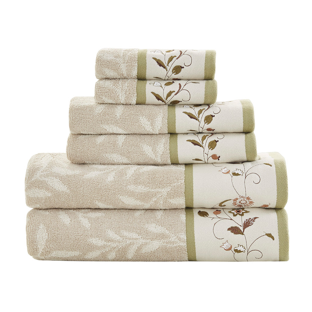 Bath Linen, Serene Embroidered Cotton Jacquard 6 Piece, Machine-Washable Care for Home Bathrooms and Everyday Care, 5 Color Options image 10