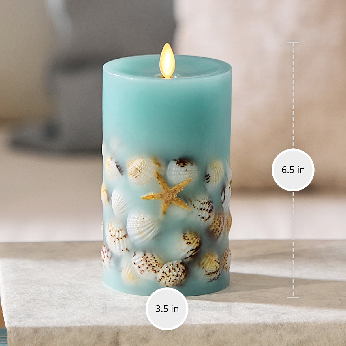 Flameless Candle, Soft Teal Embedded Seashell & Starfish Pillar for Bedrooms, Living Rooms and Everyday Candlelight Ambience, 2 Size Options image 11